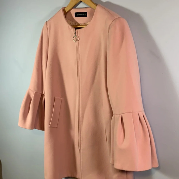 Zara womens size XL pink zip jacket coat ruffle cuff sleeve chic pockets - Picture 3 of 12